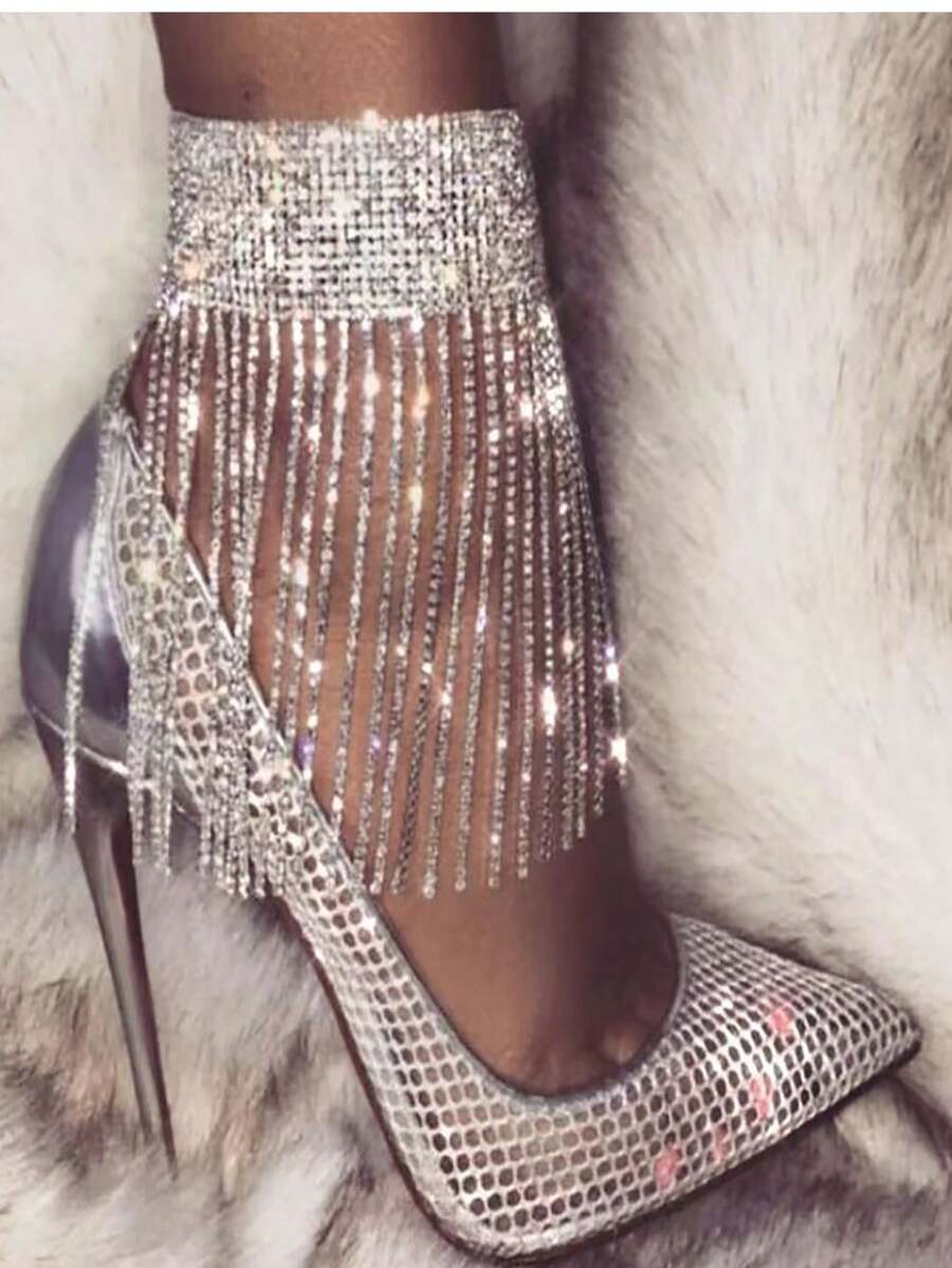 1 pieza Cadena de pierna con borla de strass plateada, elegante y de moda, adecuada para cualquier ocasión - Plateado - Ver 1