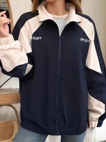 Chamarra Mujer Impermeable Para Lluvia Chaqueta Rompevientos,Los de otoño e invierno de bloqueo de color frontal,Chaqueta Sport Ligera - Azul Marino - Ver 2