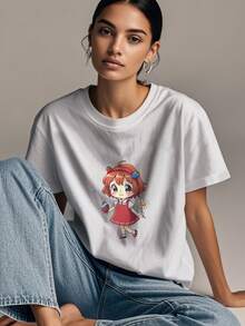 Women's Print Short Sleeve T-Shirt, Black & White Shirt, 180gsm Shirt, Crew Neck Short Sleeve T-Shirt, Breathable & Comfortable Casual Sports Fitness Tee, Casual Vintage Style, Suitable For Summer, Beach Holiday Crew Neck Short Sleeve Casual T-Shirt, Summer Tee - White - View 3