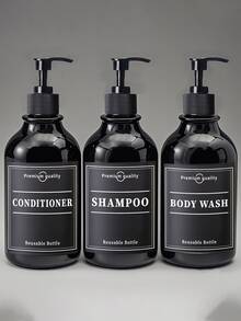 WCIC （瓶子壁挂式 6 个标签）-现代亮面黑色 16.9 盎司可再填充淋浴皂液器，带黑色泵，洗发水和护发素分配器瓶套装，适用于淋浴墙 - 打孔安装淋浴皂液器壁挂式，带防水标签，适用于厨房浴室酒店必需品 - 彩色 - 查看 3