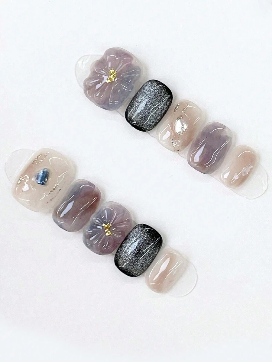 10 件/套 Diy 手工简约百搭手绘图案，水彩染紫罗兰花，手工花朵立体造型短指甲，整体优雅轻奢风格，包括短方形假指甲、1 件果冻凝胶和 1 件指甲锉，非常适合日常生活和派对装扮按压指甲美甲用品（显示卡随机） - 彩色 - 查看 1