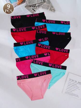 9 st damtrosor i bomull, sexiga enfärgade trosor, bekväma underkläder med mellanhög midja, andningsbara trosor med bokstavstryck för damer