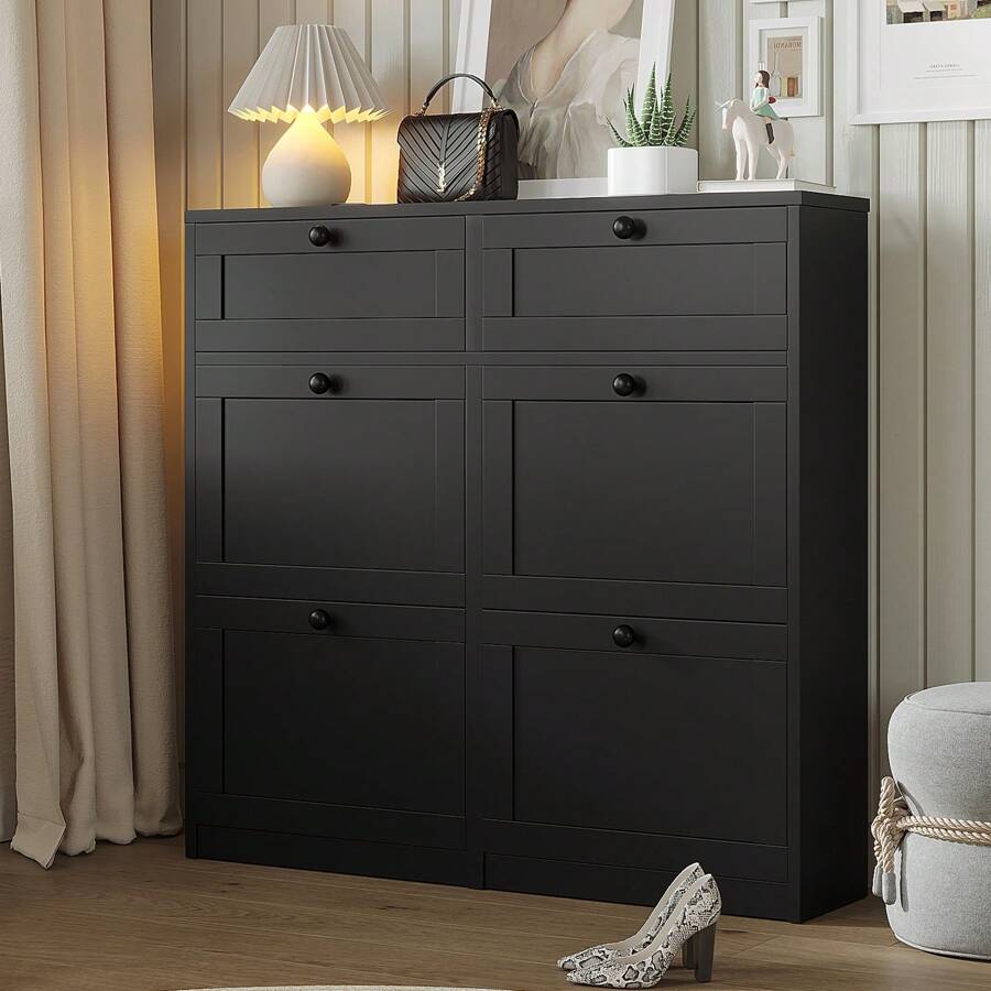 VOWNER Shoe Cabinet With 4 Flip Drawer & 2 Sliding Drawers For Storage, Freestanding Shoe Organizer For Entry, Bedroom, Hallway, Shoe Rack Gift For Halloween & Thanksgiving - màu đen - Xem 1