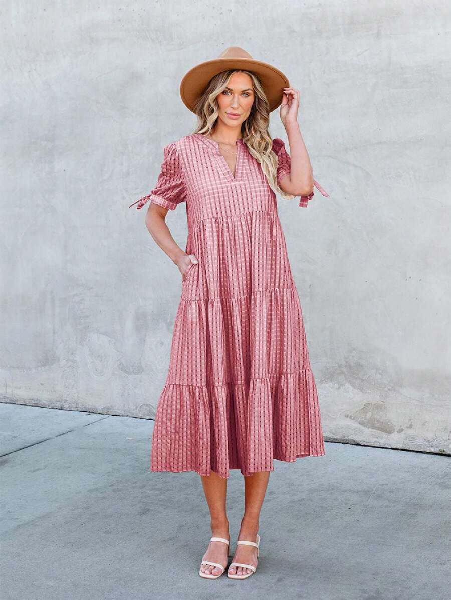 Women's Elegant Deep V Neck Midi A-Line Dress With Puff Short Sleeves And Ruffle Hem, Woven Fabric Knot Detail Tiered Dress - Đỏ - Xem 1
