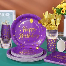 10 piezas Suministros para fiesta de cumpleaños morada Juegos de platos, servilletas y vajilla con estampado morado y dorado para fiestas de cumpleaños de mujeres princesa morada, decoraciones y recuerdos para fiesta de cumpleaños - Multicolor - Ver 5
