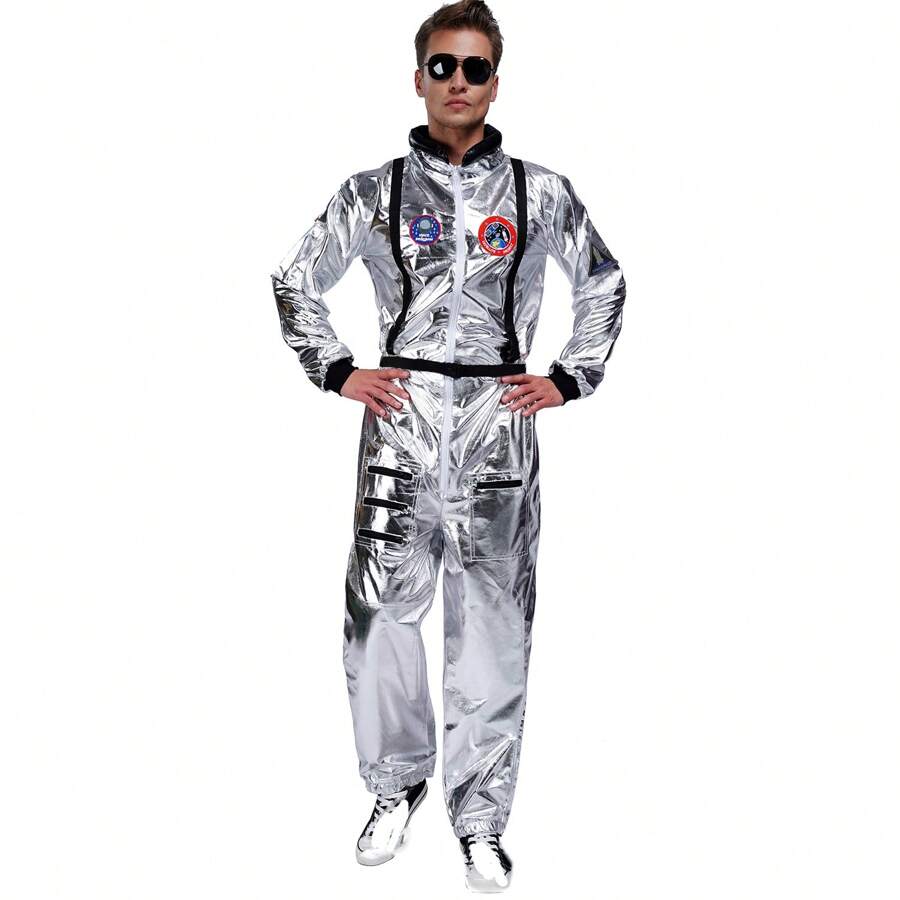 Adult Men Astronaut Costume Silver Space Jumpsuit For - Silver - View 1