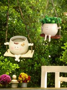 1pc Glossy Swing Smiling Face Planter Pot Head, Small Hanging Planter For Indoor Outdoor Plants, Cute Hanging Flower Pot For String Of Pearls Plant Live, Happy Resin Succulent Planter Gifts Birthday Graduation