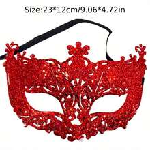 1 chiếc mặt nạ hóa trang màu vàng sáng bóng thời trang, thiết kế mắt cáo rỗng cổ điển, thích hợp cho Giáng sinh, Halloween, tiệc hóa trang, phụ kiện trang phục lễ hội - Đỏ - Xem 3