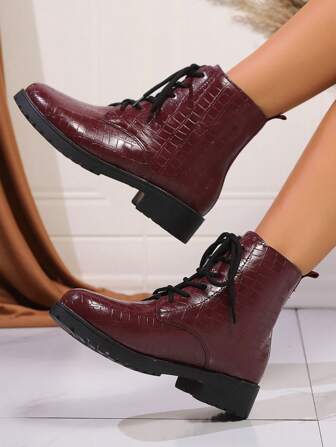 Botines de mujer de tacón bajo cómodo, con cordones y punta redonda, antideslizantes, de estilo versátil para primavera y otoño, color negro brillante