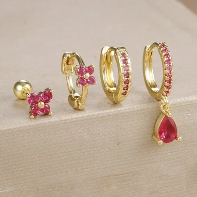 4 件 18K 镀金闪亮 CZ 花朵耳环套装，适合女士，蝴蝶锆石耳钉，耳轮耳钉，穿孔铜和不锈钢耳环，适合女孩的礼物珠宝