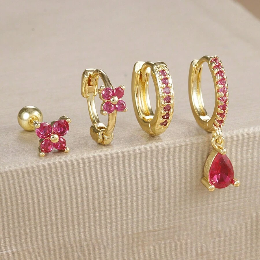 4 件 18K 镀金闪亮 CZ 花朵耳环套装，适合女士，蝴蝶锆石耳钉，耳轮耳钉，穿孔铜和不锈钢耳环，适合女孩的礼物珠宝
