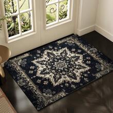 1pc Vintage Bohemian Style Carpet, Symmetrical Floral Pattern Rectangle Soft Non-Slip Area Rug, Suitable For Outdoor, Entryway, Living Room, Bedroom, Laundry Room, Bathroom, Game Room, Machine Washable, Seasonal Decor, Home Decoration