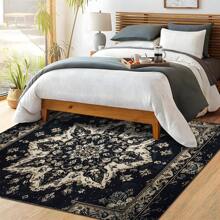 1pc Vintage Bohemian Style Carpet, Symmetrical Floral Pattern Rectangle Soft Non-Slip Area Rug, Suitable For Outdoor, Entryway, Living Room, Bedroom, Laundry Room, Bathroom, Game Room, Machine Washable, Seasonal Decor, Home Decoration