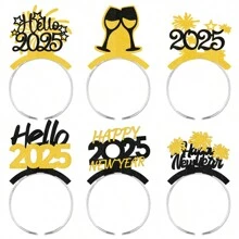 6 件/套新年头带，带黑色和金色闪光纸，摄影道具配件，适用于新年派对装饰 - 彩色 - 查看 1