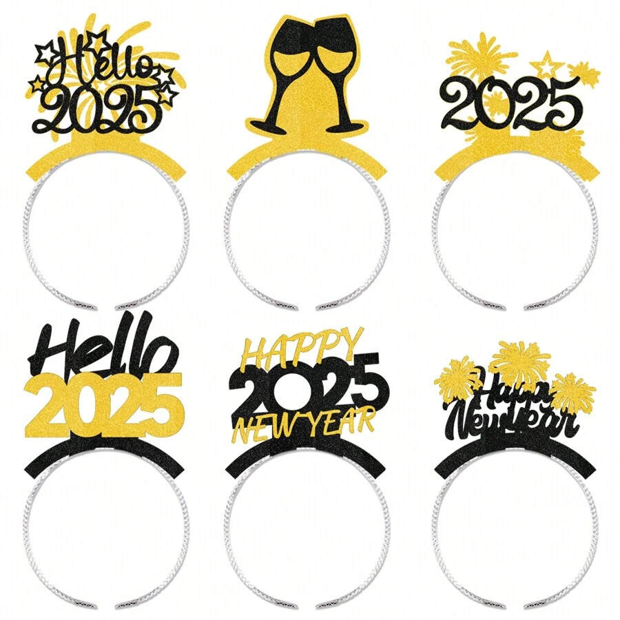 6 件/套新年头带，带黑色和金色闪光纸，摄影道具配件，适用于新年派对装饰 - 彩色 - 查看 1