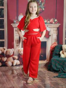 Duna Children's Fashion Set Of Pants And Cropped Women's Fashion For Girls Blogger - 紅色 - 查看 2