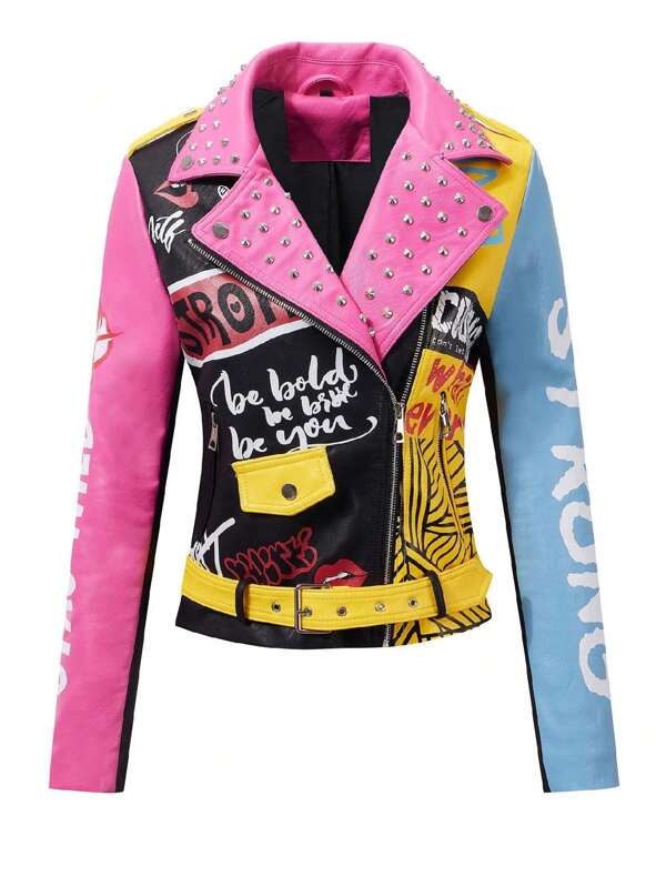 Giacca da donna  rivetti floreale motociclista cappotto con risvolto corto