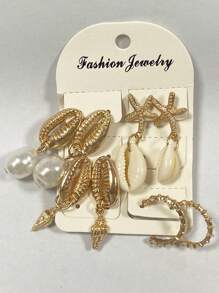 4pairs/set Random Boho Zinc Alloy Shell & Starfish Decor Earrings For Women For Gift