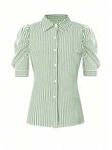 Dames Zomer Vrijetijdskleding Forensen Taille Getailleerd Dagelijks Gestreept Bedrukt Modieus Kort Mouw Shirt Saint Patrick's Day Kantoorkleding Vrouwen