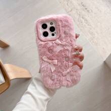 新款秋冬3D珍珠蝴蝶结毛绒手机壳，兼容 17 Pro Max/17 Pro/14、15 Pro Max/15 Pro/15、16 Pro Max/16 Pro/16、13 Pro Max，简约设计，带支架功能，适合女性使用 - 粉色 - 查看 2