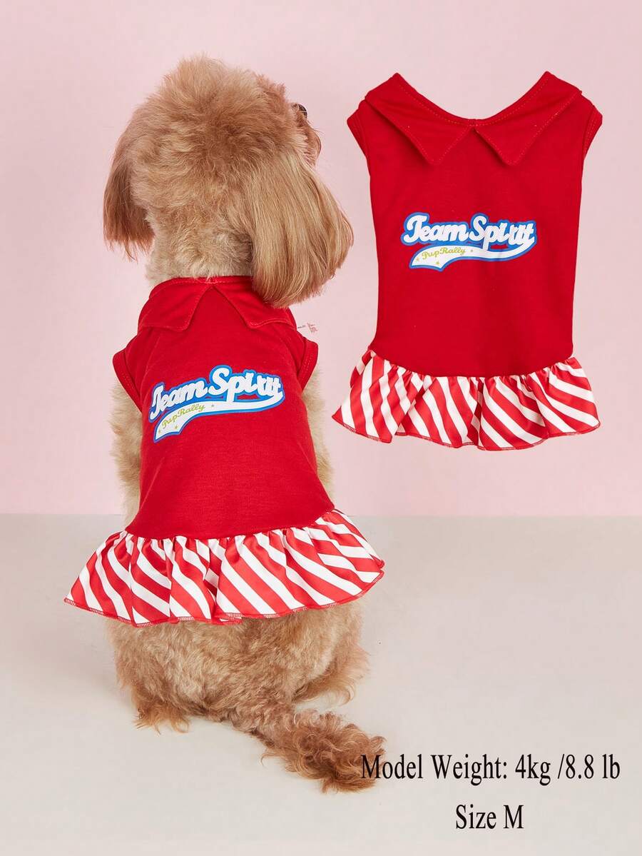 1pc V-Neck Heart Cute Princess Dress For Small Puppy Dog, Cartoon Cheerleader Pet Tank Dress - Red - View 1