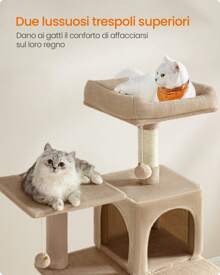 Feandrea Albero per Gatti Alto 143 cm, Tiragraffi per Gatti, con 4 Pali Graffiatoi, 2 Posatoi, 1 Grotta, 1 Amaca, 2 Pompon, in Peluche a più Livelli, Marrone Cammello