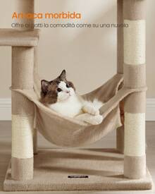 Feandrea Albero per Gatti Alto 143 cm, Tiragraffi per Gatti, con 4 Pali Graffiatoi, 2 Posatoi, 1 Grotta, 1 Amaca, 2 Pompon, in Peluche a più Livelli, Marrone Cammello