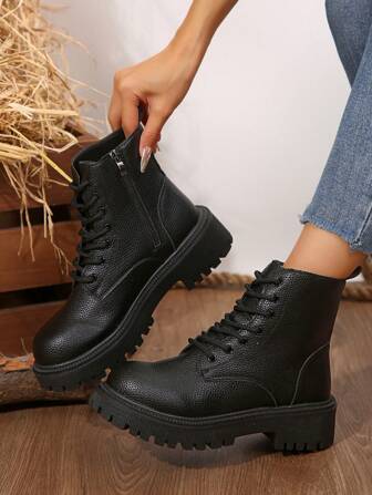 女士侧拉链设计荔枝纹踝靴系带机车靴，时尚优雅，新款拼接设计，粗跟，黑色和裸色，秋冬，女靴