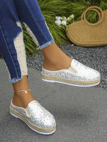 春秋季大码 3.5-10 女士金色亮片厚底平底便鞋，轻便易穿的休闲鞋 - 銀色 - 查看 3