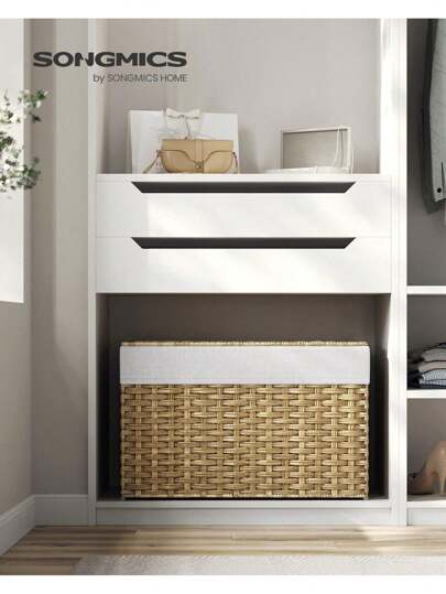 SONGMICS Cestino Portaoggetti, Cesta Portabiancheria da 105 L con Coperchio, Pieghevole, Sacco in Tessuto Rimovibile con Manici, Soggiorno Camera da Letto Lavanderia, Giallo Ocra/Grigio Tortora