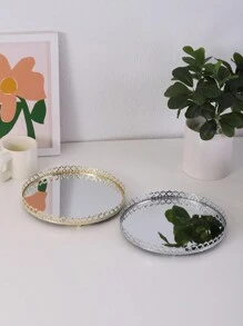 1pc Metal Gold/Silver Crown Trimmed Mirror Tray, European Style Glass Vanity Tray, Luxury Decorative Jewelry Makeup Holder For Living Room, Bedroom, Bathroom Back To School