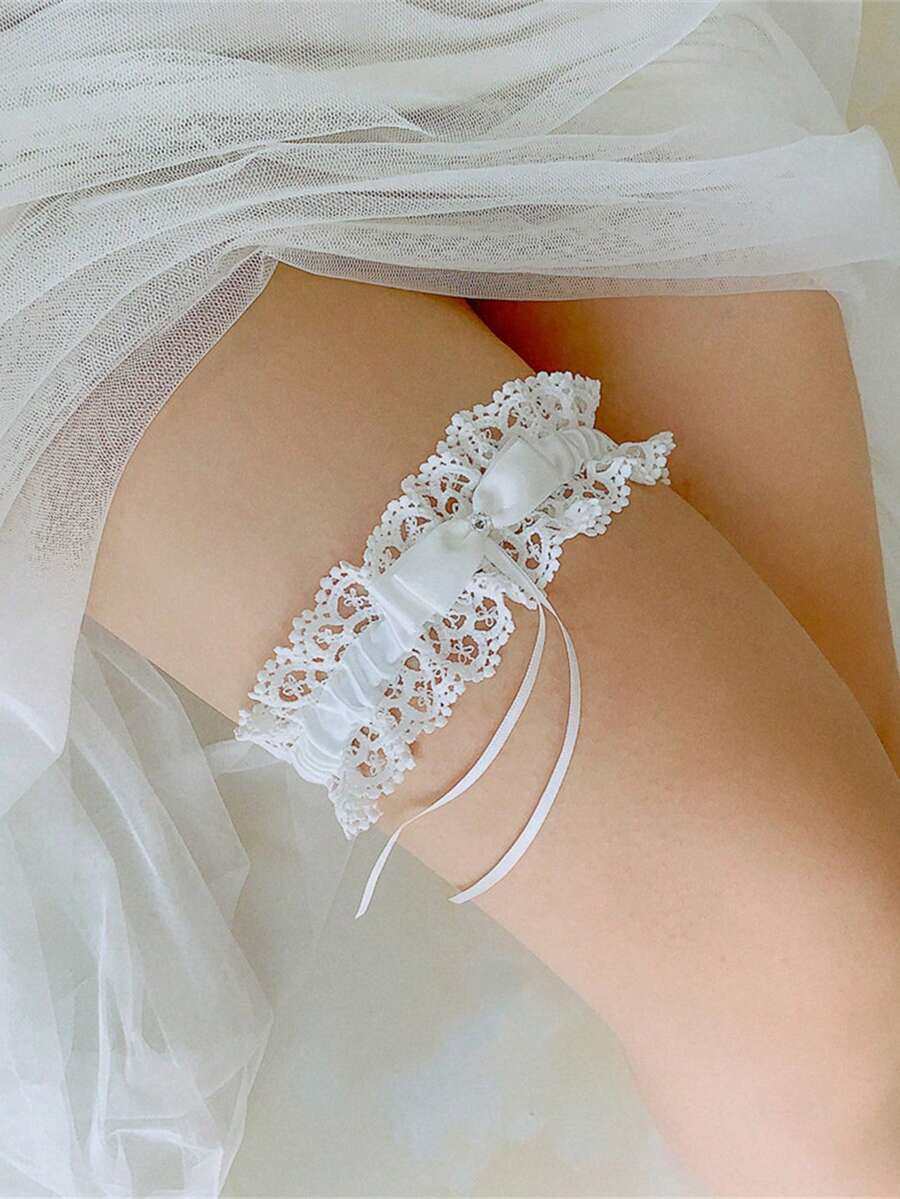 1 件蝴蝶结装饰蕾丝边吊袜带，性感优雅弹力吊袜带，女士内衣和内衣新娘蕾丝长袜带蝴蝶结，性感吊袜带，西式婚礼大腿环，婚礼配饰