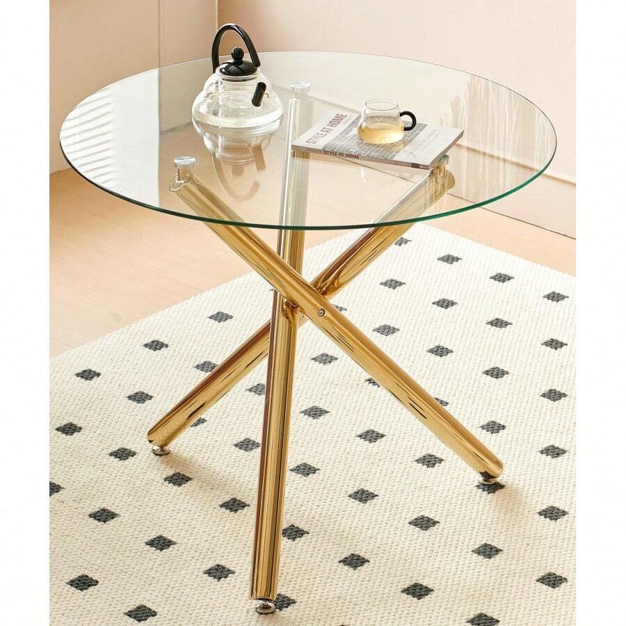 Golden Dining Table With Metal Leg And Glass Modern Space Saving