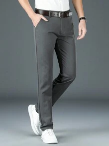 Men's Solid Color Slant Pocket Suit Pants, Formal Pants And Casual Pants, Men's Straight Slim-Fit Business Suit Pants, Suitable For Business, Wedding And Travel Occasions. - Grey - View 4