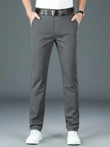 Men's Solid Color Slant Pocket Suit Pants, Formal Pants And Casual Pants, Men's Straight Slim-Fit Business Suit Pants, Suitable For Business, Wedding And Travel Occasions. - Grey - View 3