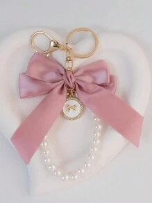 1 Elegant Faux Pearl And Bow Decoration Keychain Pendant With Creative Colorful Woven Ribbon Fabric Knot Accessories, Headphone And Mobile Bag Accessories