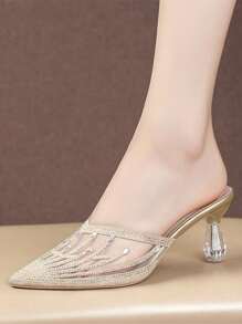 Dép lưới đính đá Rhinestone dành cho nữ, Dép cao gót mũi nhọn thời trang mới nhất mùa hè thanh lịch và mềm mại với gót mỏng trong suốt, tiện lợi khi mang và màu vàng làm quà tặng Giáng sinh mùa đông - Vàng - Xem 18