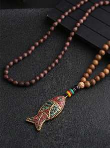 1pc Retro  Wooden Bead Necklace With Pendant - Necklace - View 2