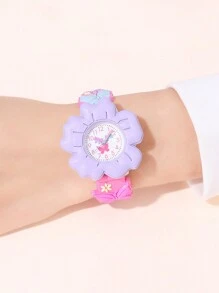 Cute Cartoon Design Wrist Watch, Fashion Flower & Butterfly Pattern, 3D Kids/Children Quartz Analog Watch For Recognizing Time, Gift