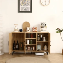 Three-Door Cabinet With Natural Rattan Mesh - Large Storage Space Kitchen Storage Cabinet.Stable And Durable Structure Perfect For Living Rooms Or Restaurants 45.3inch