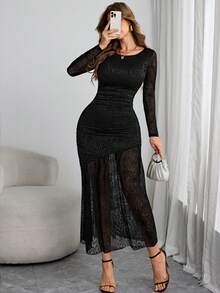 Vestido elegante y sexy gótico asimétrico de mujer Y2K con mangas de linterna, malla de contraste, ajuste ceñido fruncido y doble volante con rosa para fiestas, vacaciones y citas