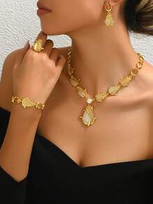 Bộ trang sức mạ vàng 18K 5 món/bộ dây chuyền, vòng tay, hoa tai, nhẫn mắt mèo thanh lịch cổ điển dành cho nữ - Vàng - Xem 5