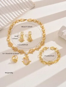 Bộ trang sức mạ vàng 18K 5 món/bộ dây chuyền, vòng tay, hoa tai, nhẫn mắt mèo thanh lịch cổ điển dành cho nữ - Vàng - Xem 6