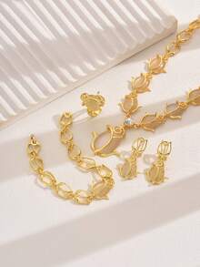 Bộ trang sức mạ vàng 18K 5 món/bộ dây chuyền, vòng tay, hoa tai, nhẫn mắt mèo thanh lịch cổ điển dành cho nữ - Vàng - Xem 4