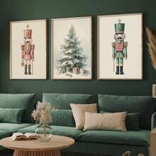 Set Of 3 Nutcrackers Pastel Christmas Gallery Wall Art Prints, Vintage Xmas Canvas Posters, Muted Neutral Wall Decor, Holiday Winter Decor, Ideal Gift For Living Room, Bedroom, Kitchen, Office, Cafe, Bar, Hallway, Home And Room Decoration, Unframed Home Decor Christmas Decorations