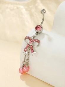 1pc Pink Zirconia Heart & Butterfly Navel Belly Button Piercing Jewelry - Silver - View 7