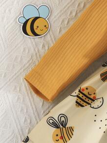 女宝宝可爱蜜蜂图案长袖荷叶边下摆盖袖连衣裙带蝴蝶结装饰 - 黃色 - 查看 6