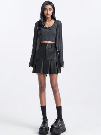 Black Fashion Casual Vintage PU Leather Pleated Mini Skirt