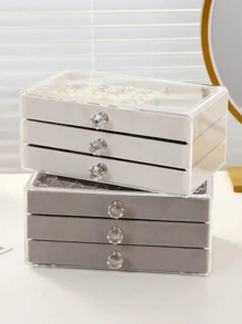 1 件 3 层透明塑料抽屉首饰盒和天鹅绒翻盖首饰收纳盒，适用于戒指、项链、手镯、耳环和吊坠，优雅的展示架配有水晶形手柄，奢华的 3 层珠宝管理器 - 宽敞的耳环、项链和戒指存储空间 - 高品质桌盒美观且有隔层，适用于假日海滩、浴室收藏、卧室收藏，大容量