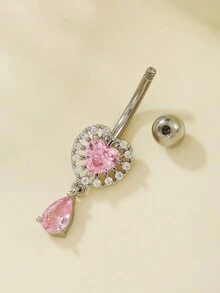 1pc Pink Zirconia Heart & Butterfly Navel Belly Button Piercing Jewelry - Silver - View 11